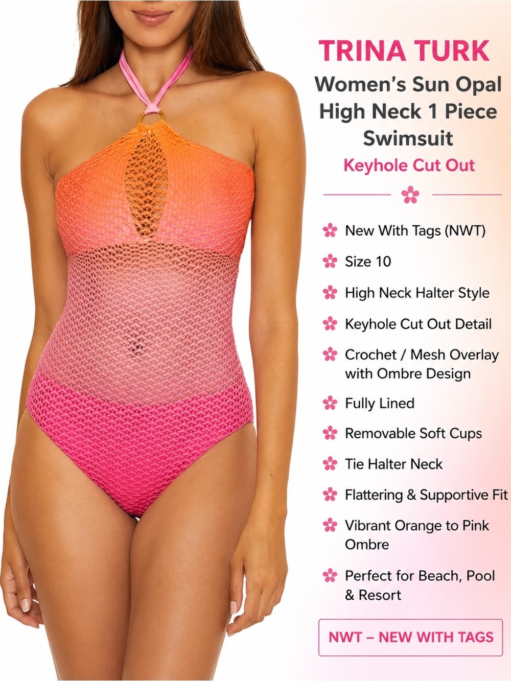 Trina Turk Women's Standard Sun Opal HighNeck 1 Piece Swimsuit, Keyhole, Cut Out